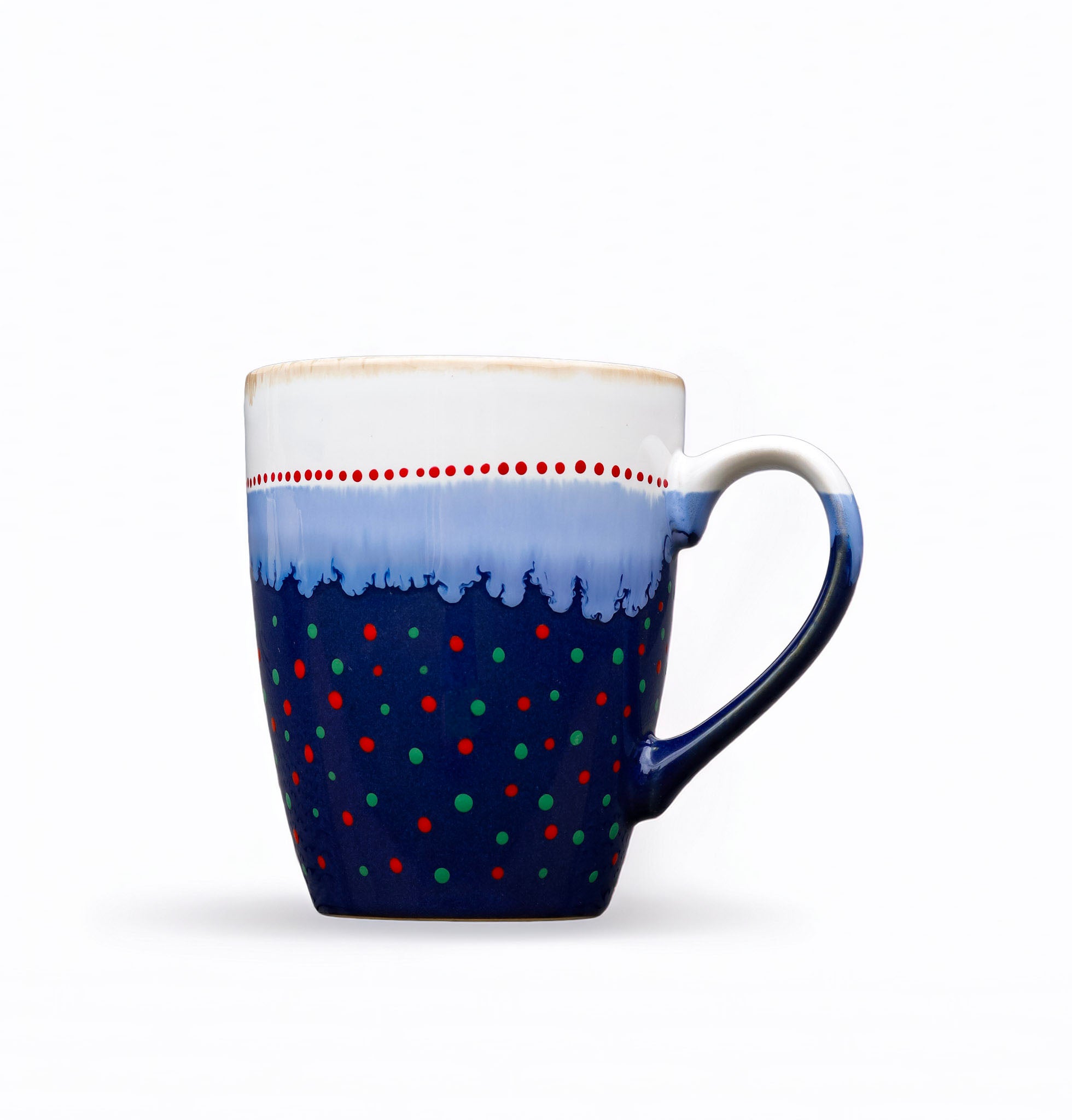 Hand painted ceramic tall coffee mug. White, blue, red, orange, green.