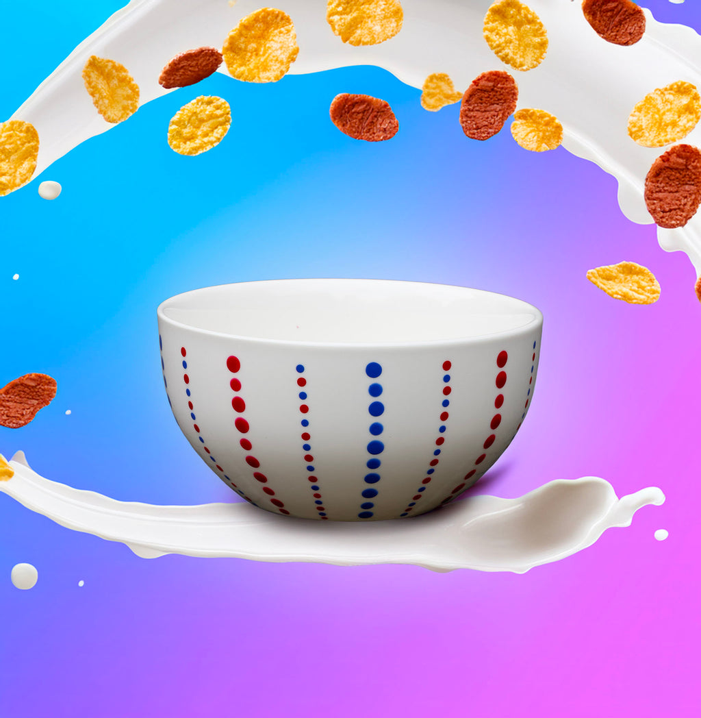 Hand painted ceramic cereal bowl. Red and blue. Polka Dots.