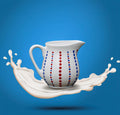 Hand painted ceramic milk jar. Blue and red. Polka Dots.