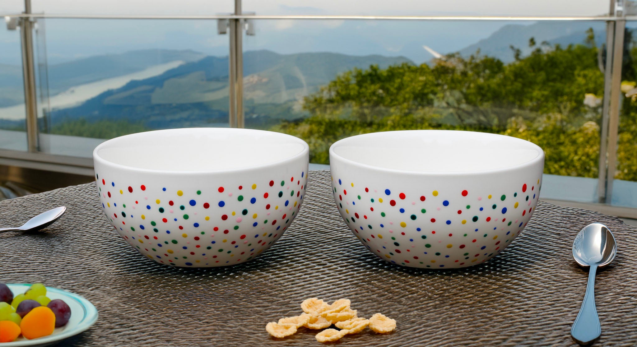 Hand painted ceramic cereal bowl. Colourful Polka Dots.