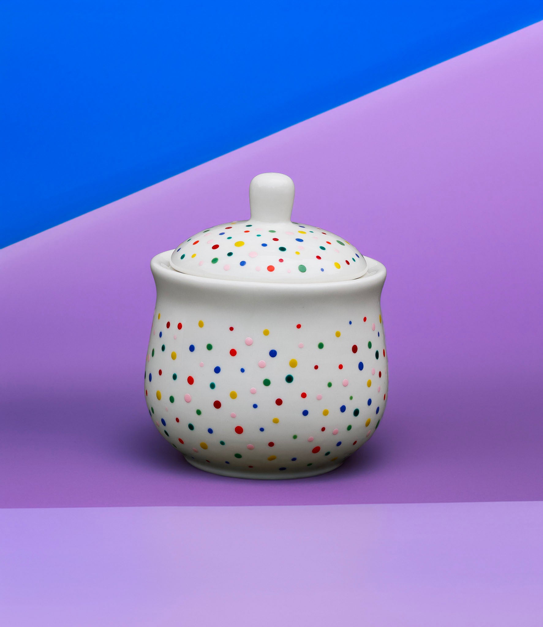 Hand painted ceramic sugar bowl. Colourful Polka Dots.