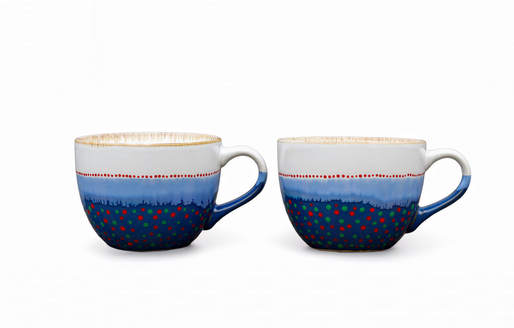 Hand painted ceramic Cappuccino mug. White, blue, red, orange, green.