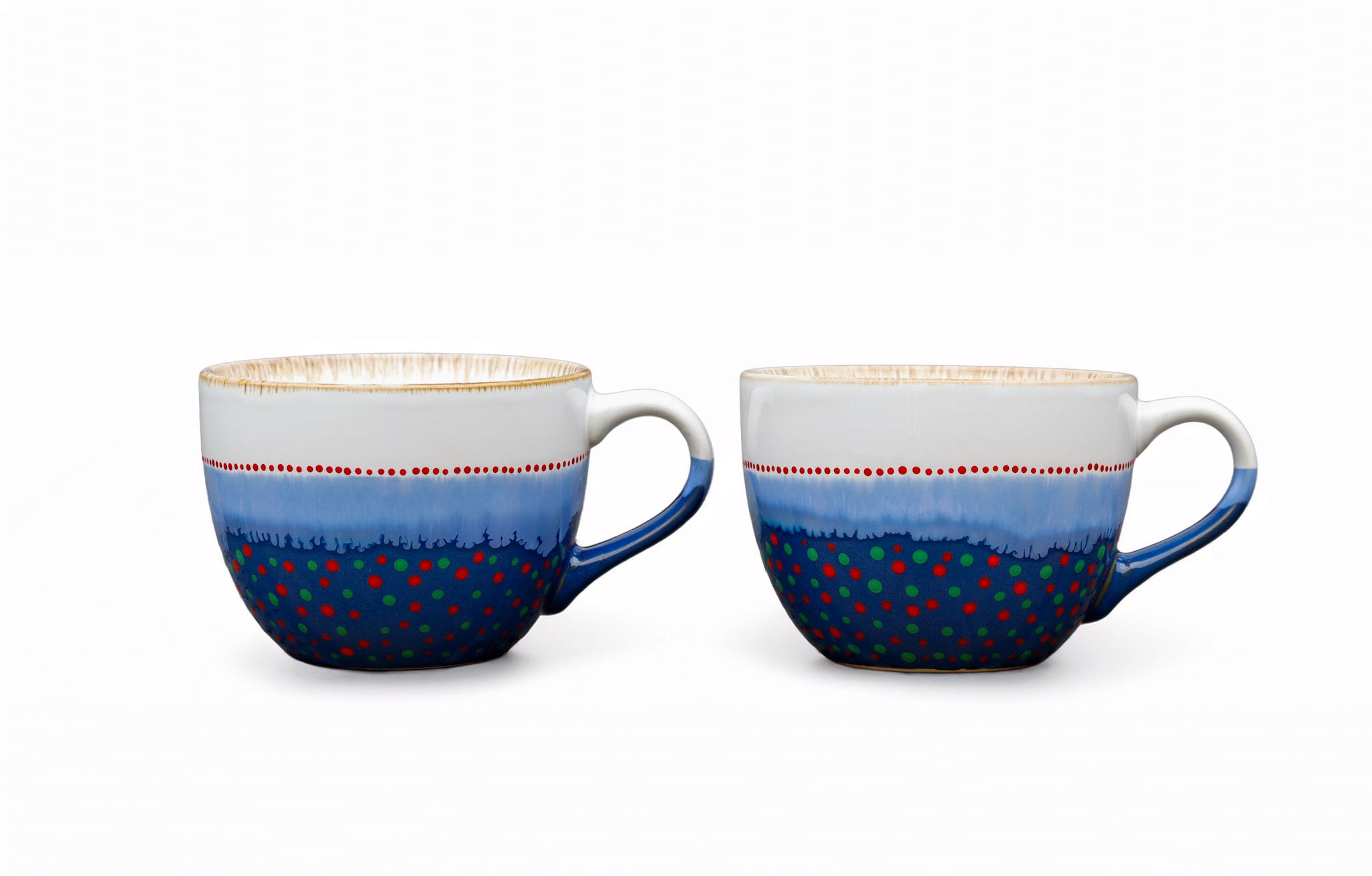 Hand painted ceramic Cappuccino mug. White, blue, red, orange, green.