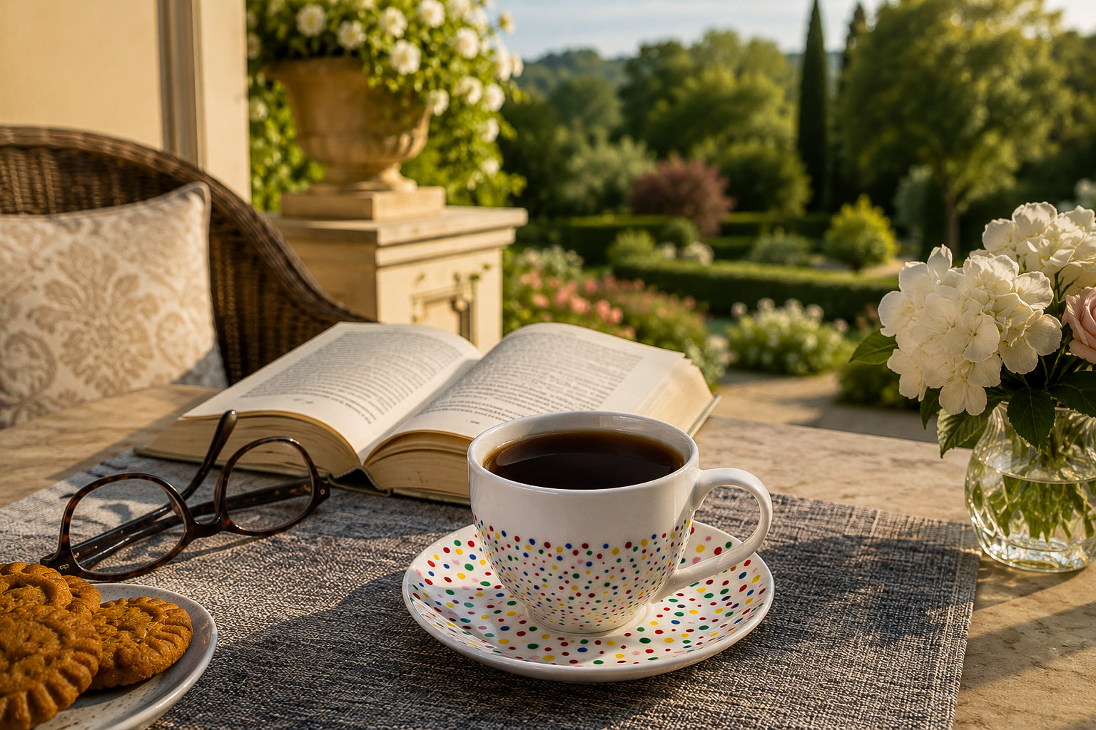 Hand painted ceramic cup with saucer. Colourful Polka Dots.