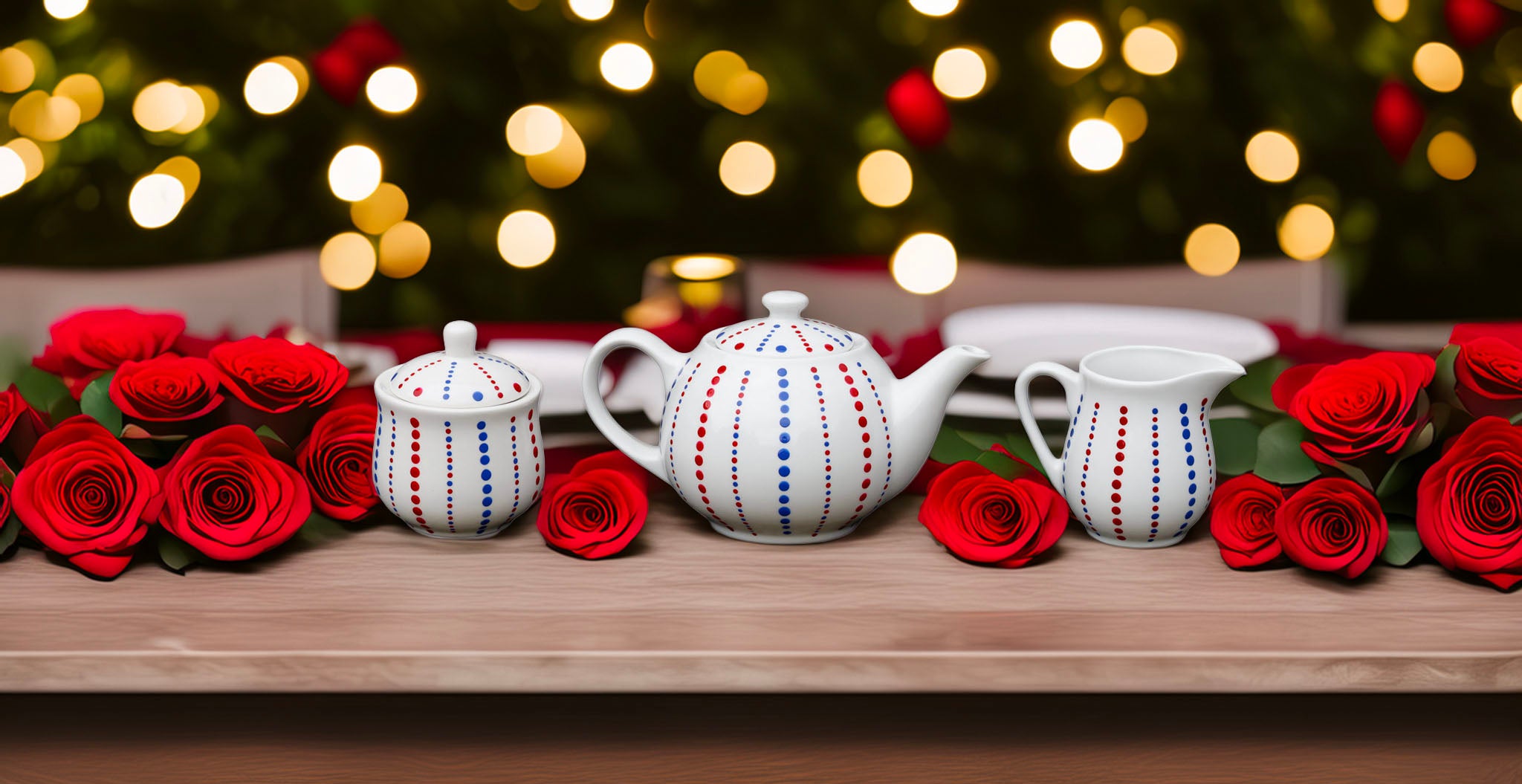 Hand painted ceramic milk jar. Blue and red. Polka Dots.