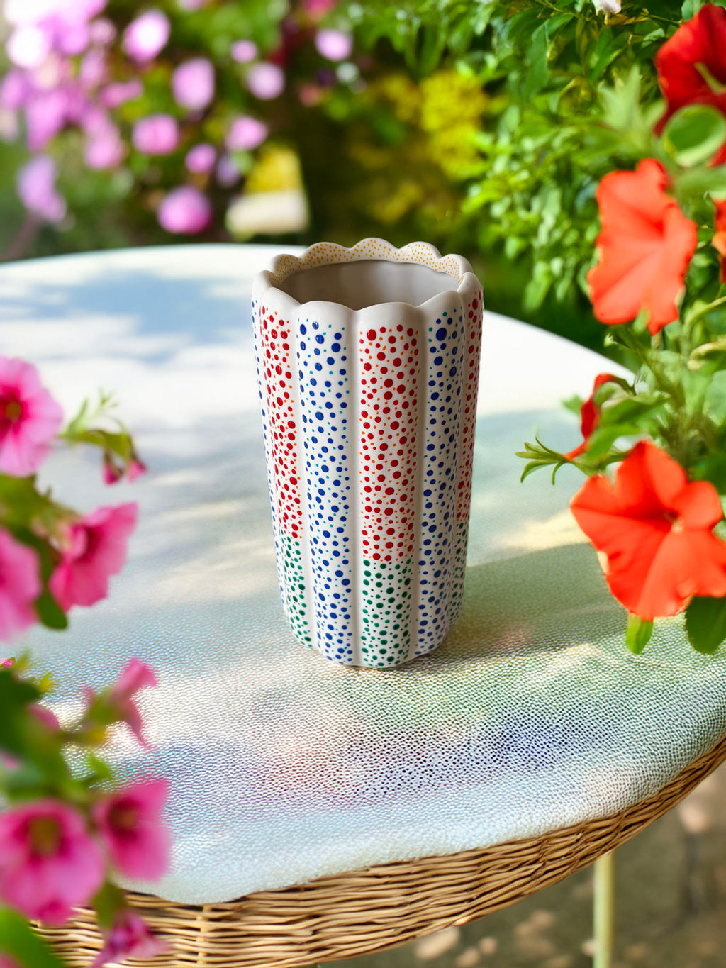 Hand painted ceramic flower vase. Colourful Polka Dots.