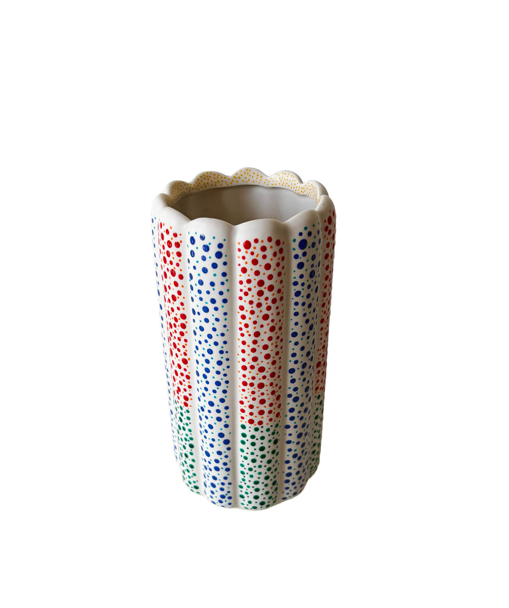 Hand painted ceramic flower vase. Colourful Polka Dots.