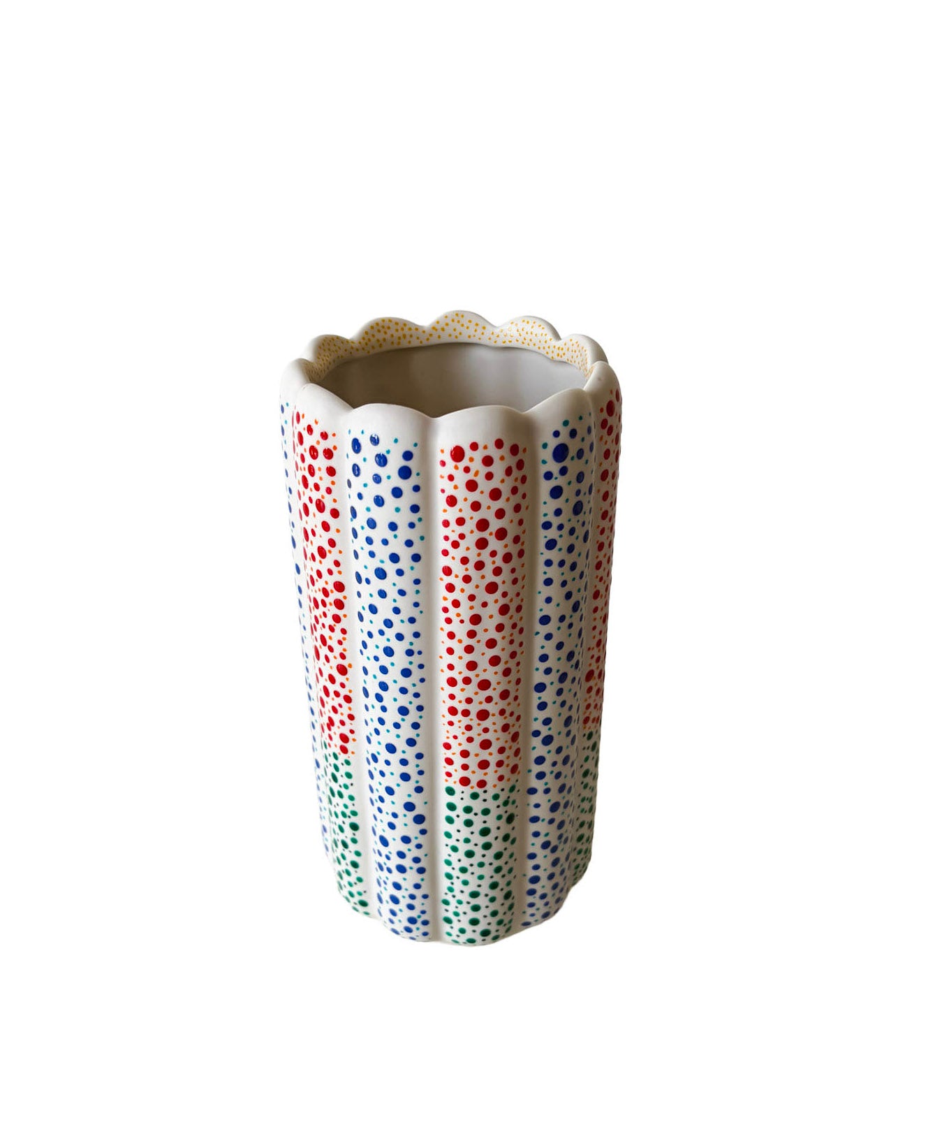 Hand painted ceramic flower vase. Colourful Polka Dots.
