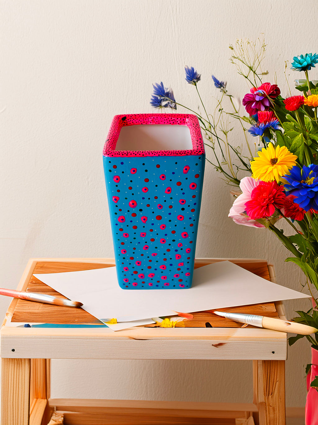 Hand painted ceramic flower vase. Blue, pink. Funky Polka Dots.