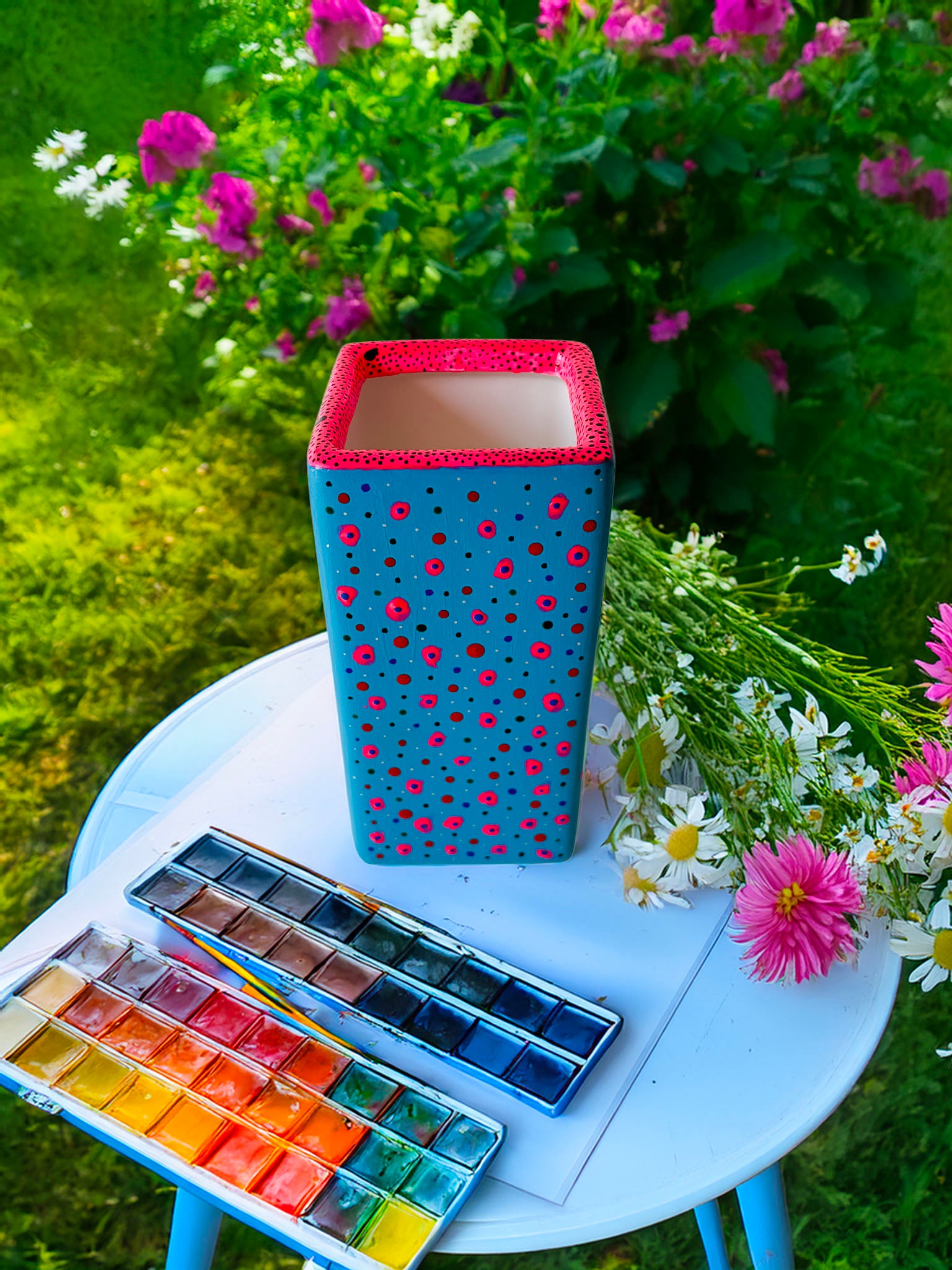 Hand painted ceramic flower vase. Blue, pink. Funky Polka Dots.