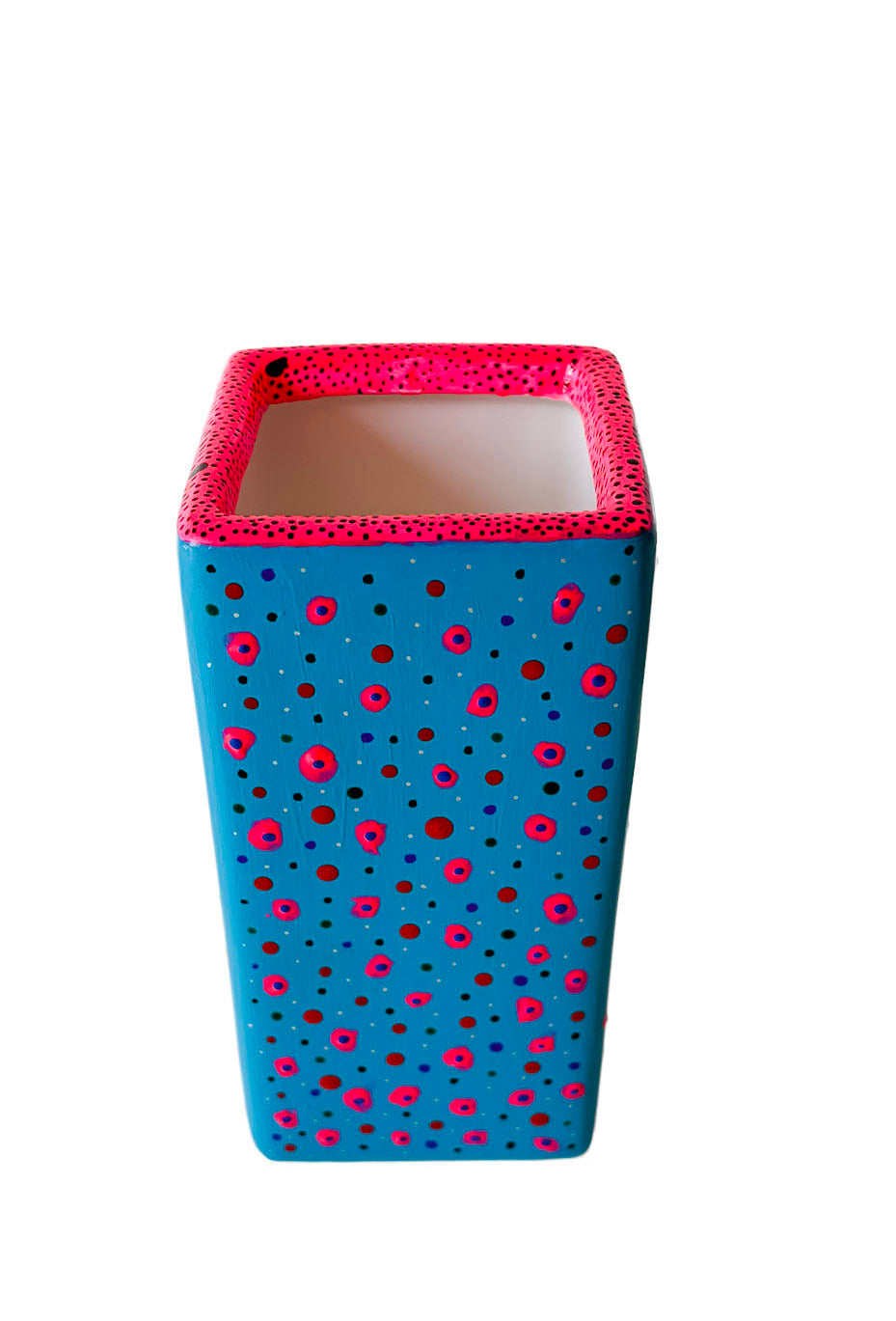 Hand painted ceramic flower vase. Blue, pink. Funky Polka Dots.