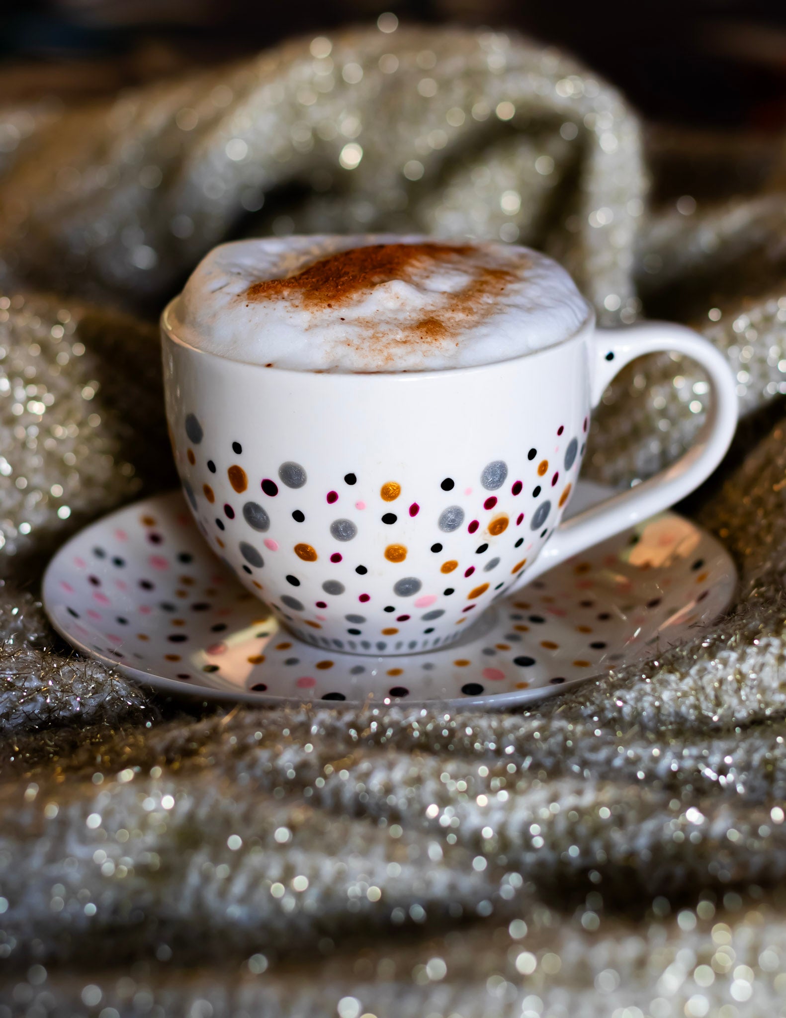 Hand painted ceramic cup with saucer. Pink, silver, golden. Polka Dots.