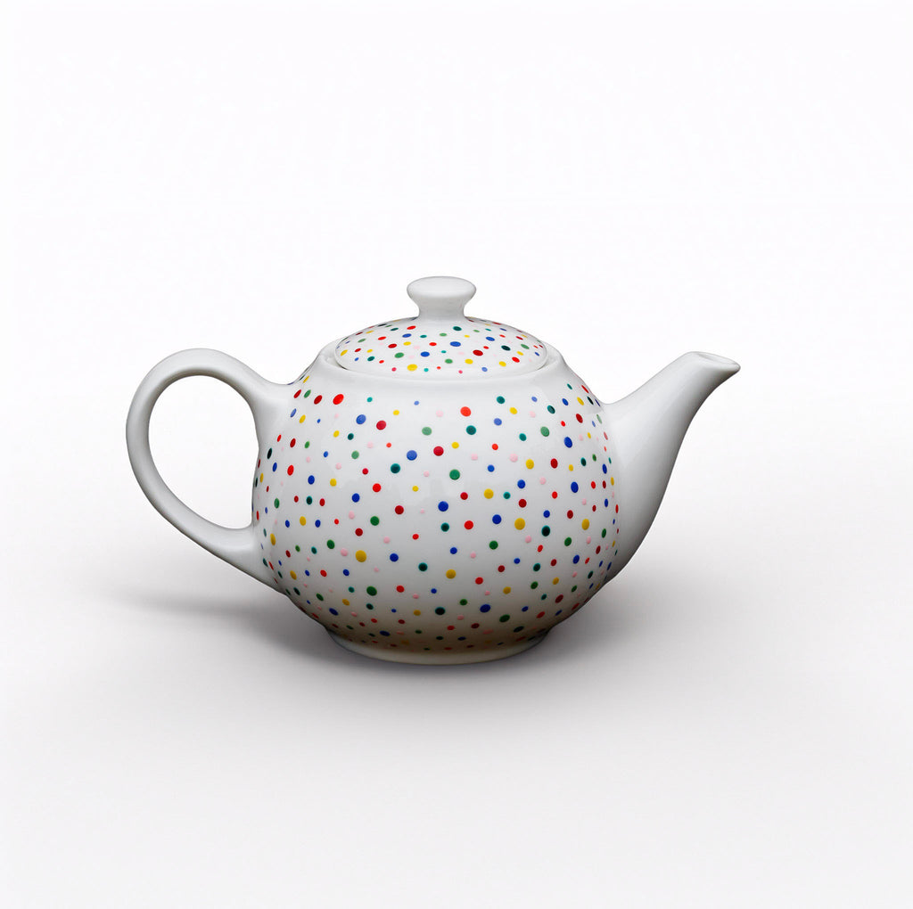 Hand painted ceramic tea pot. Colourful Polka Dots.