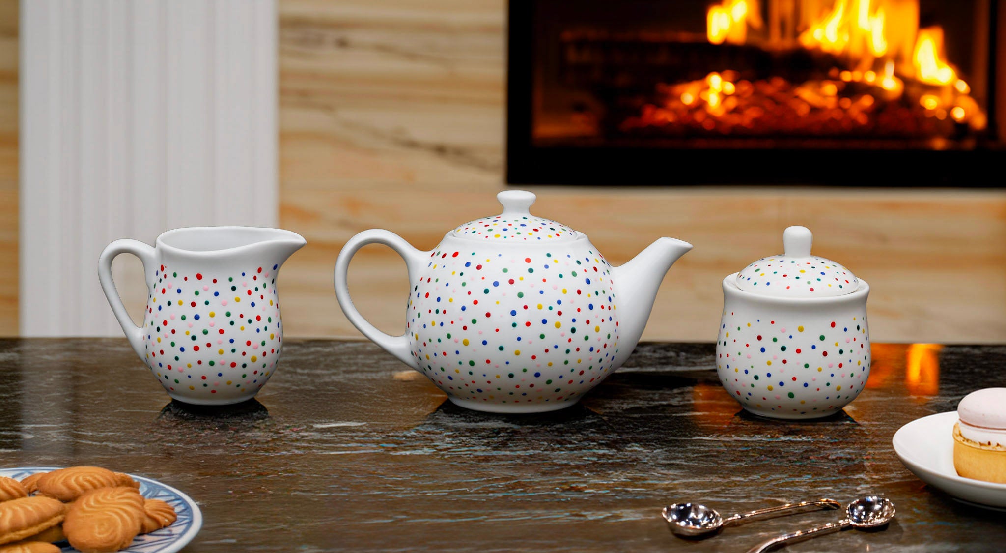 Hand painted ceramic sugar bowl. Colourful Polka Dots.