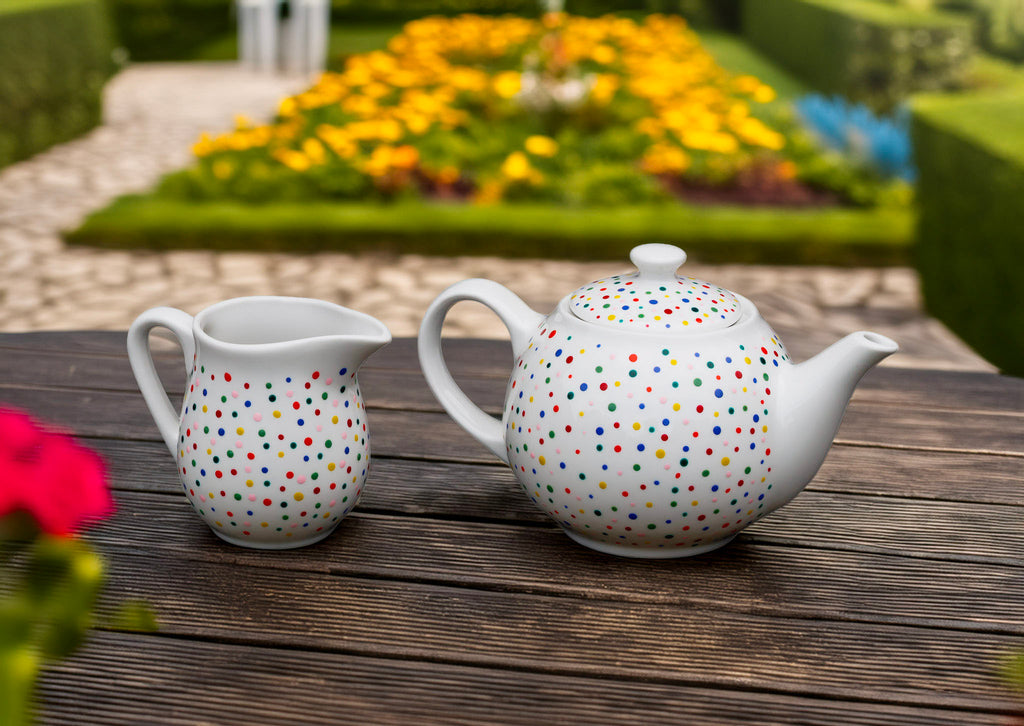 Hand painted ceramic tea pot. Colourful Polka Dots.