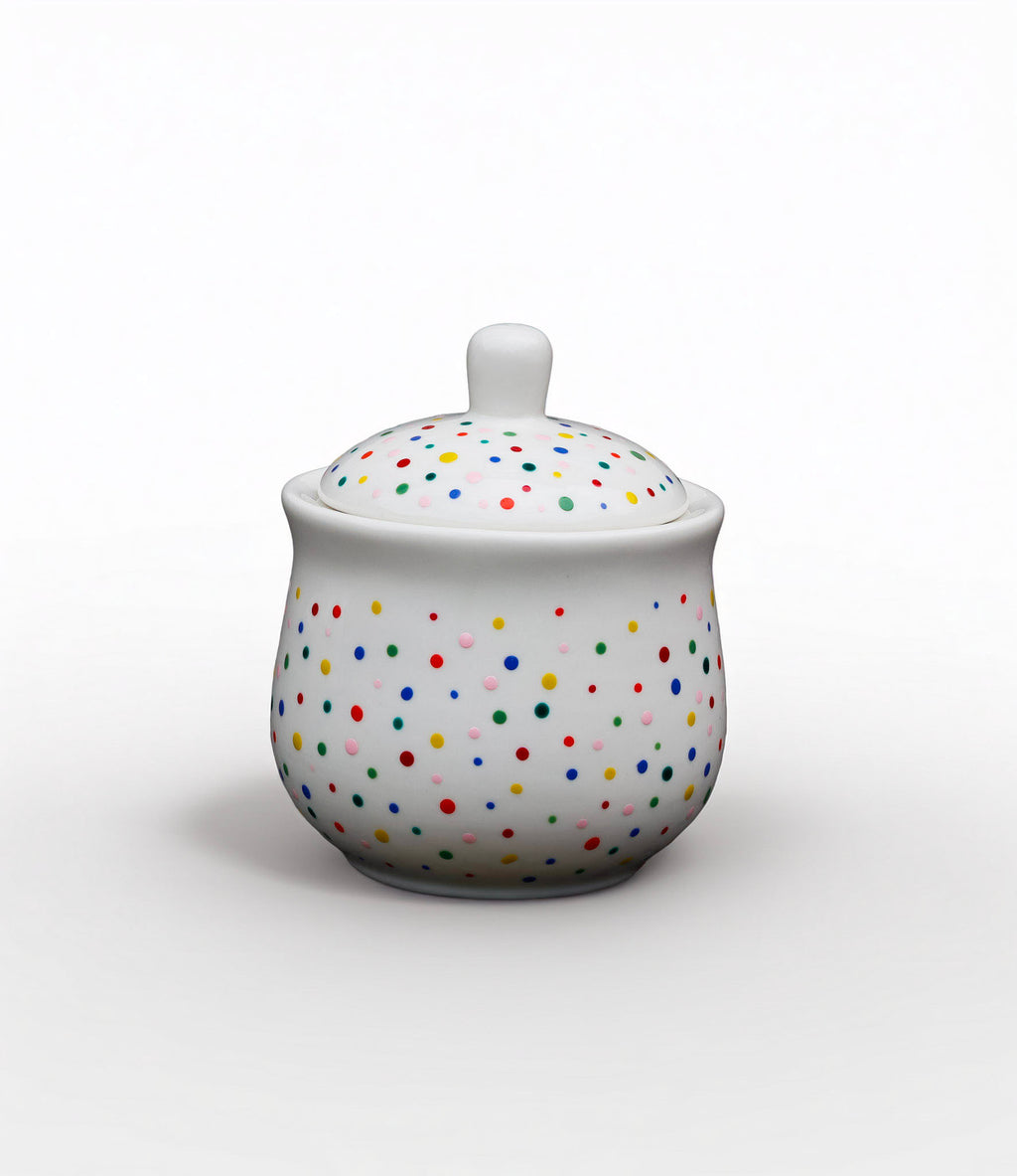 Hand painted ceramic sugar bowl. Colourful Polka Dots.