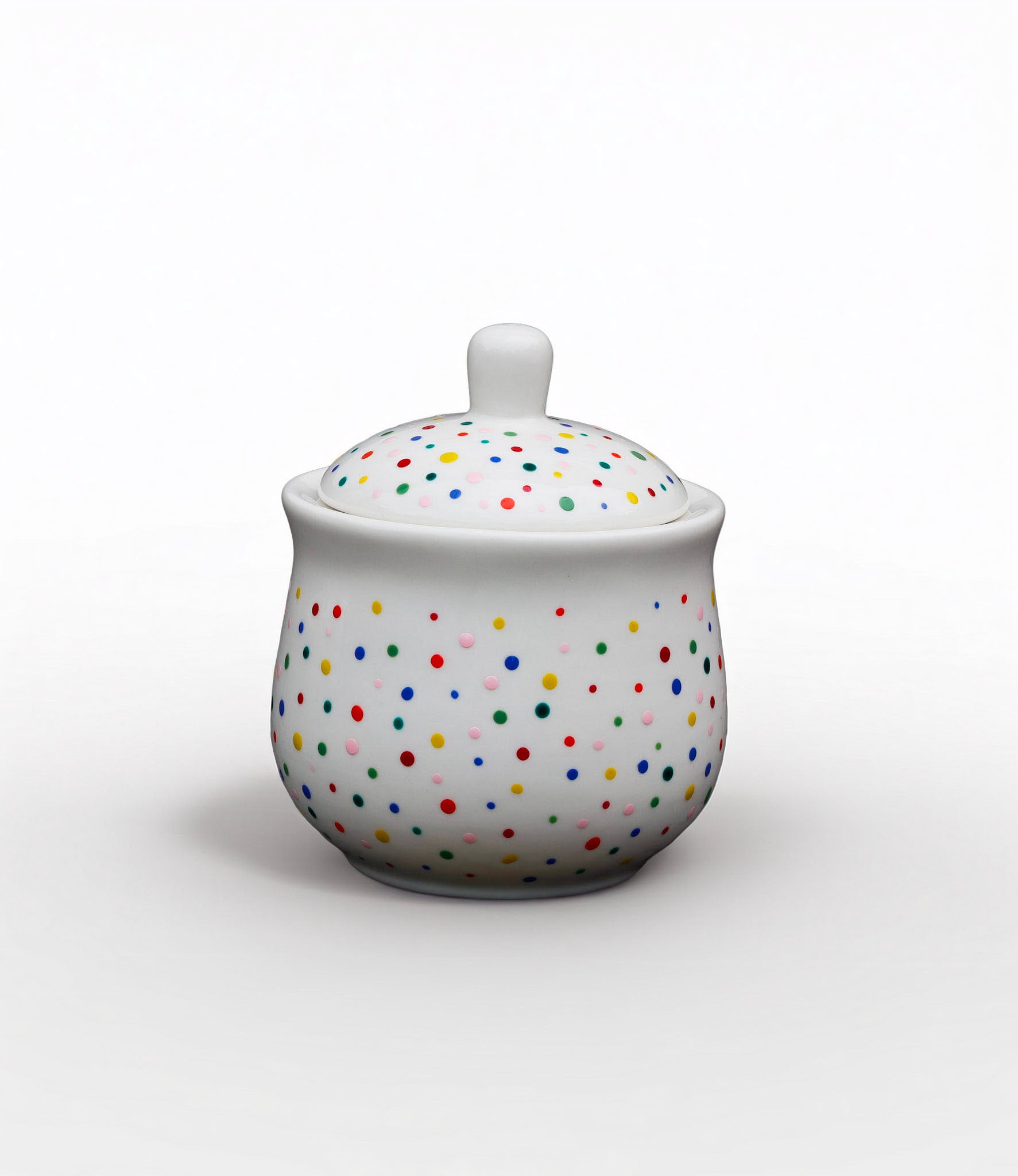 Hand painted ceramic sugar bowl. Colourful Polka Dots.