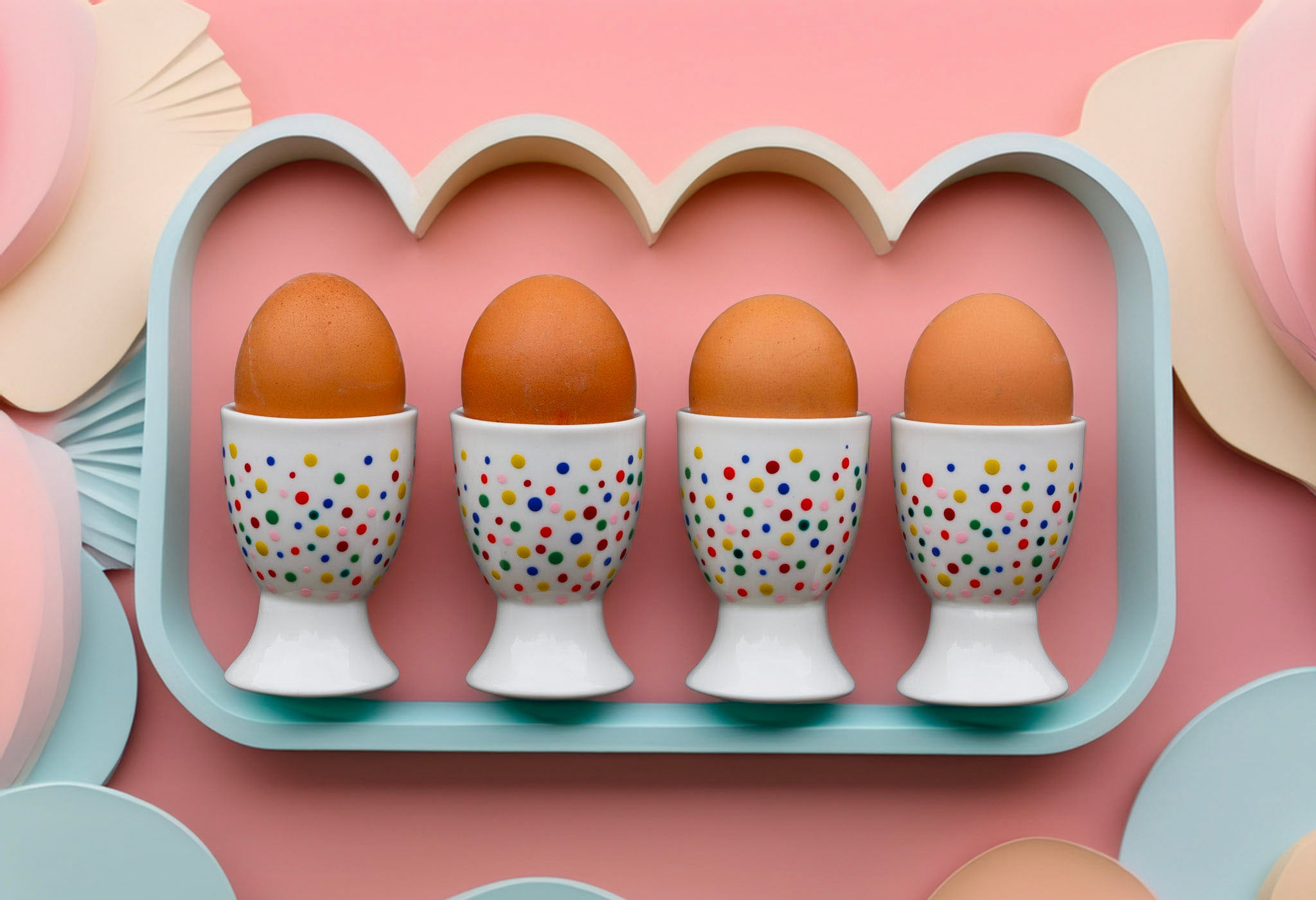 Hand painted ceramic egg holders. Colourful Polka Dots