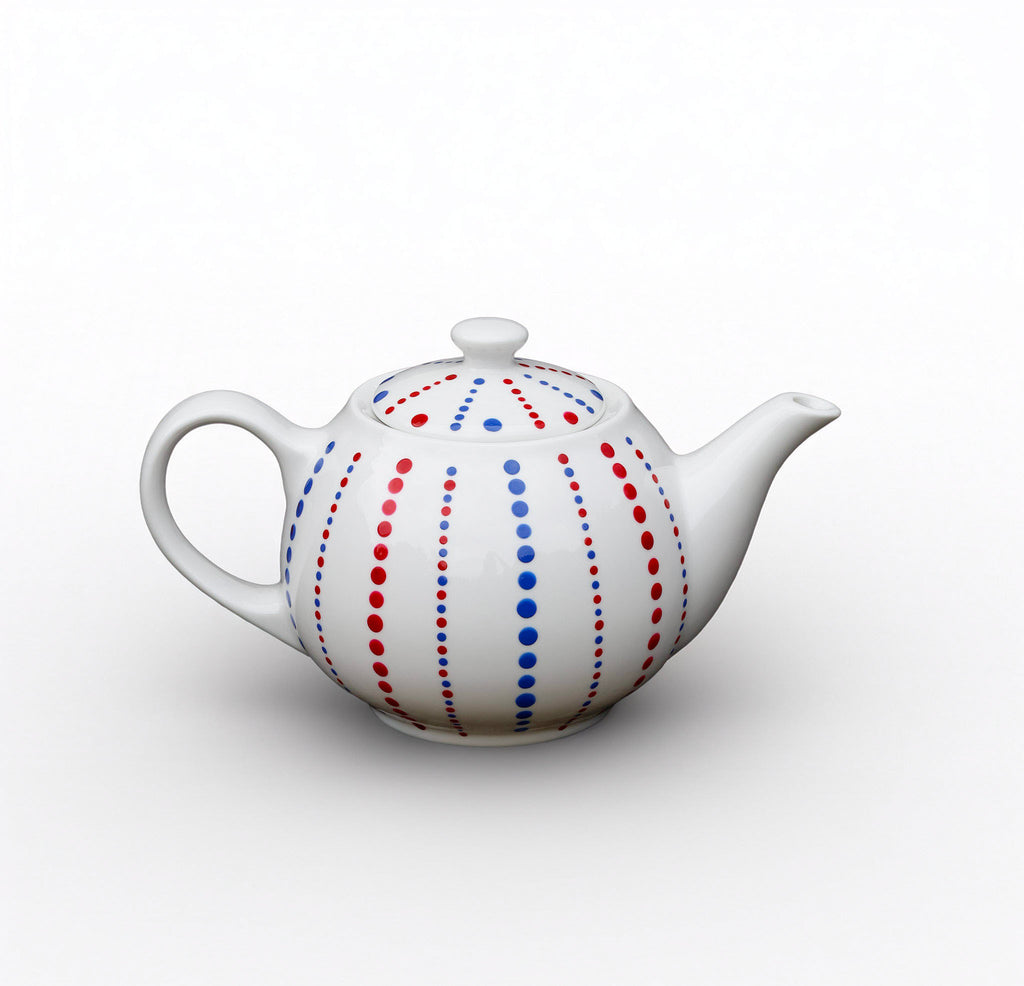 Hand painted ceramic tea pot. Blue and red. Polka dots.