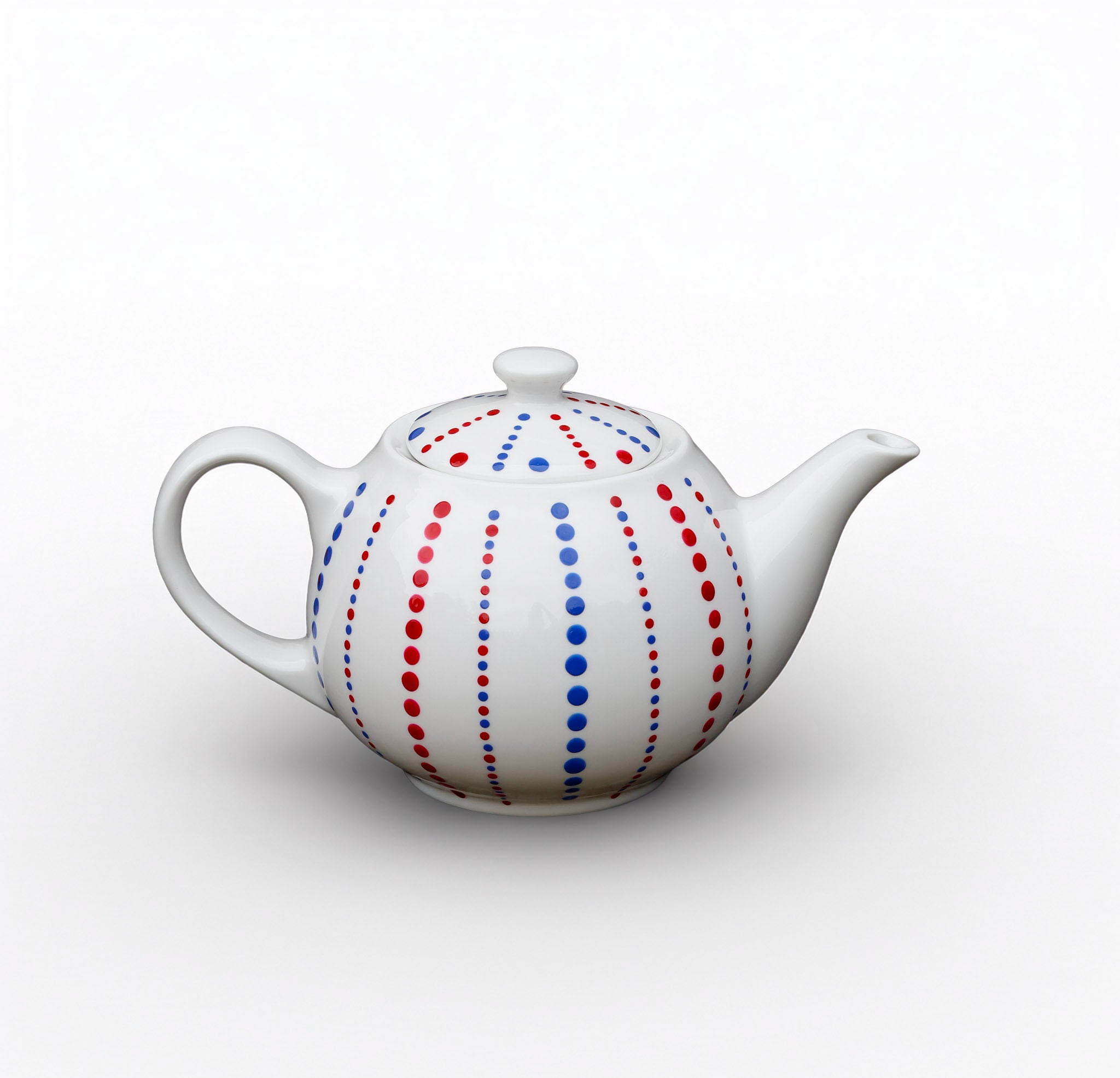 Hand painted ceramic tea pot. Blue and red. Polka dots.