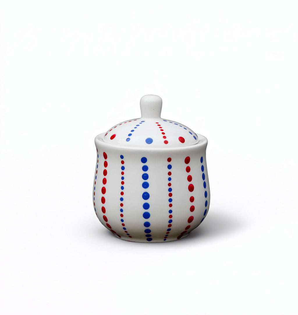 Hand painted ceramic sugar bowl. Blue and red. Polka Dots.