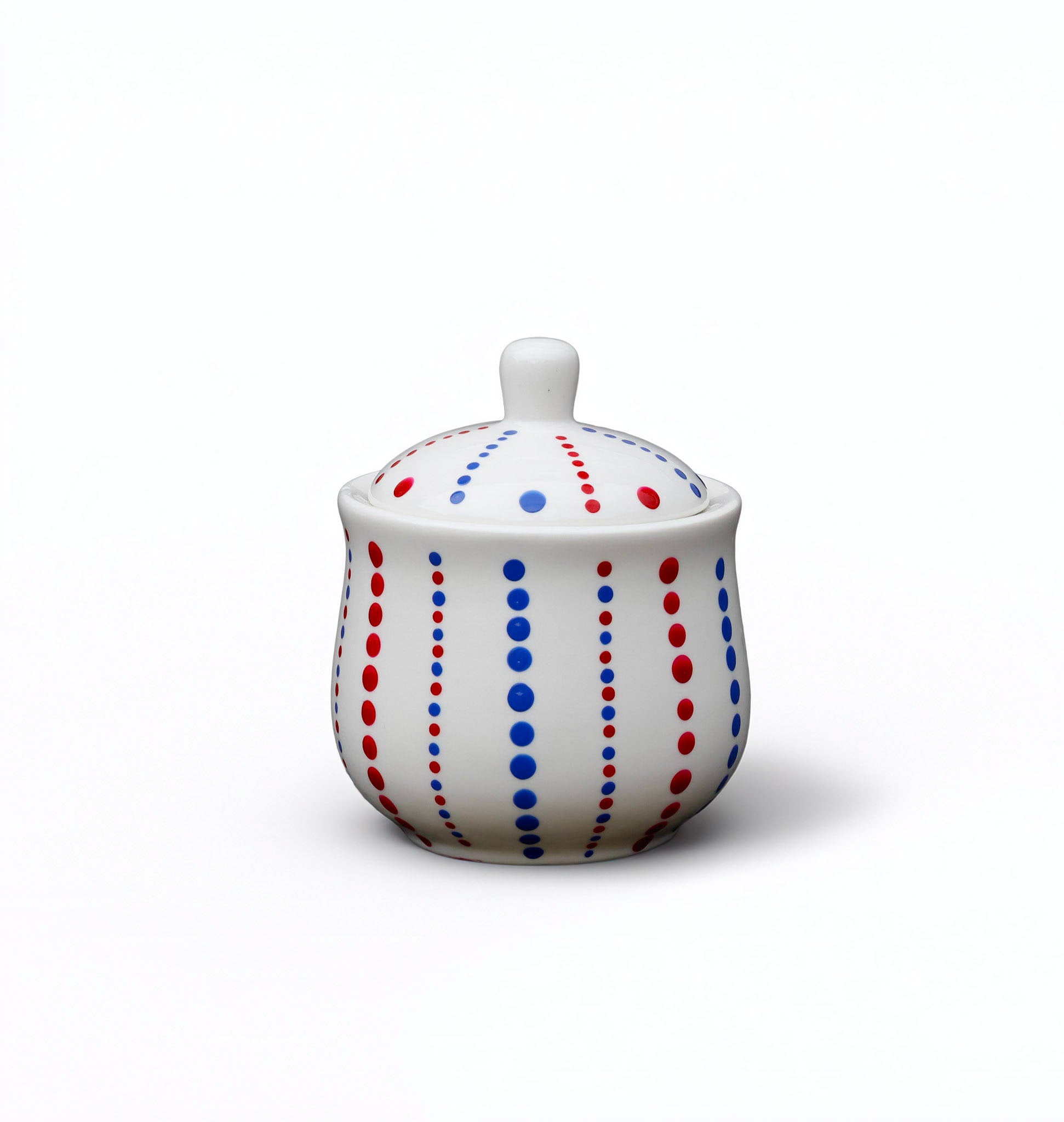 Hand painted ceramic sugar bowl. Blue and red. Polka Dots.