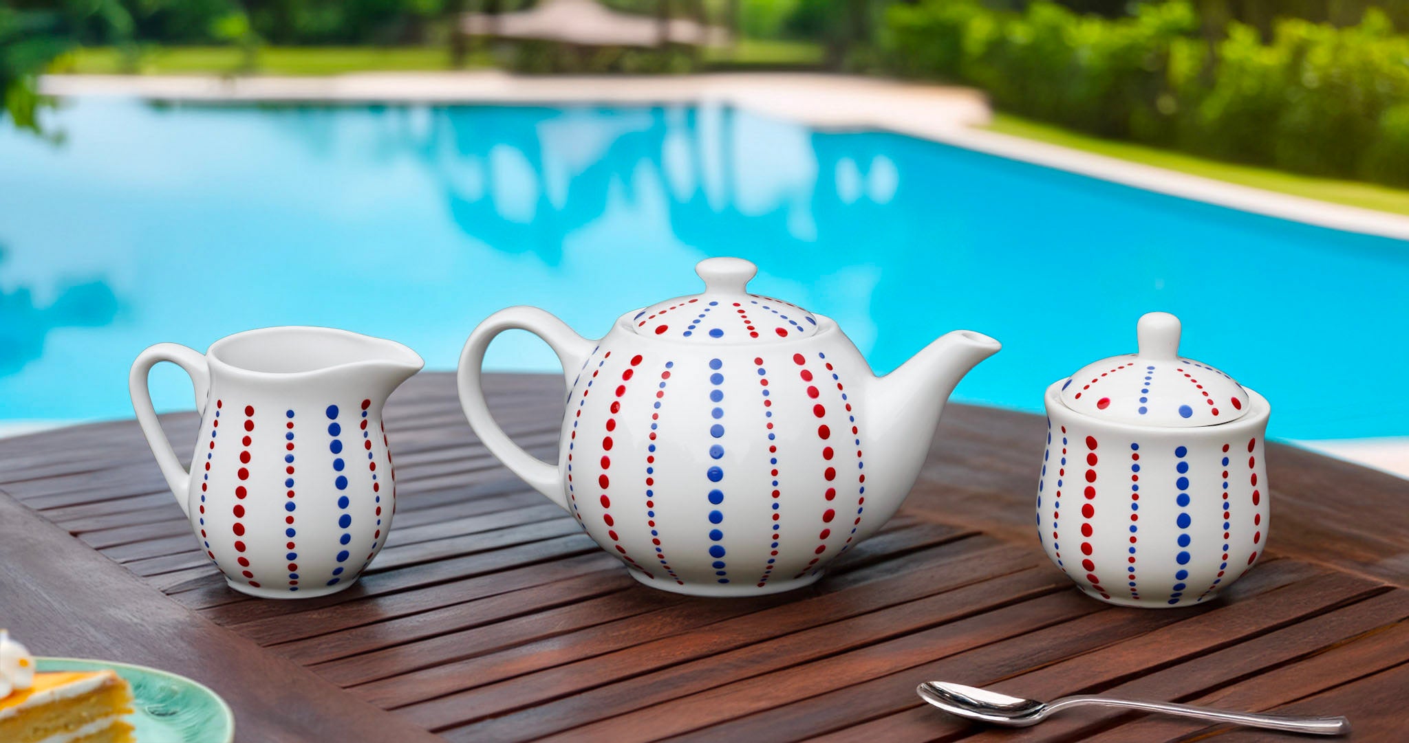 Hand painted ceramic milk jar. Blue and red. Polka Dots.