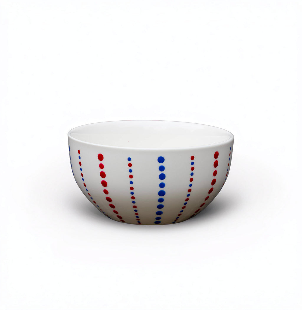 Hand painted ceramic cereal bowl. Red and blue. Polka Dots.