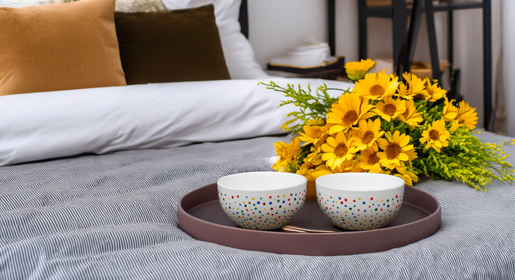 Hand painted ceramic cereal bowl. Colourful Polka Dots.