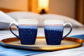 Hand painted ceramic tall coffee mug. White, blue, red, orange, green.