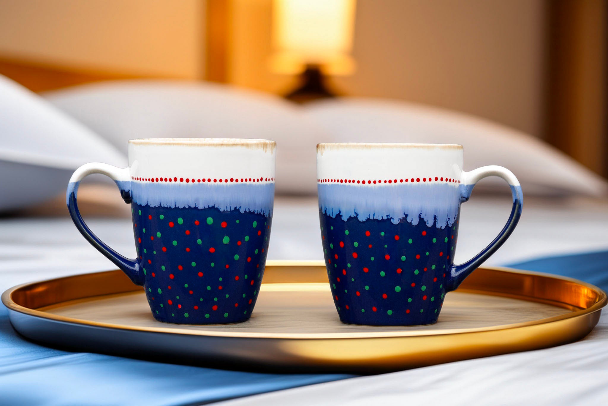 Hand painted ceramic tall coffee mug. White, blue, red, orange, green.