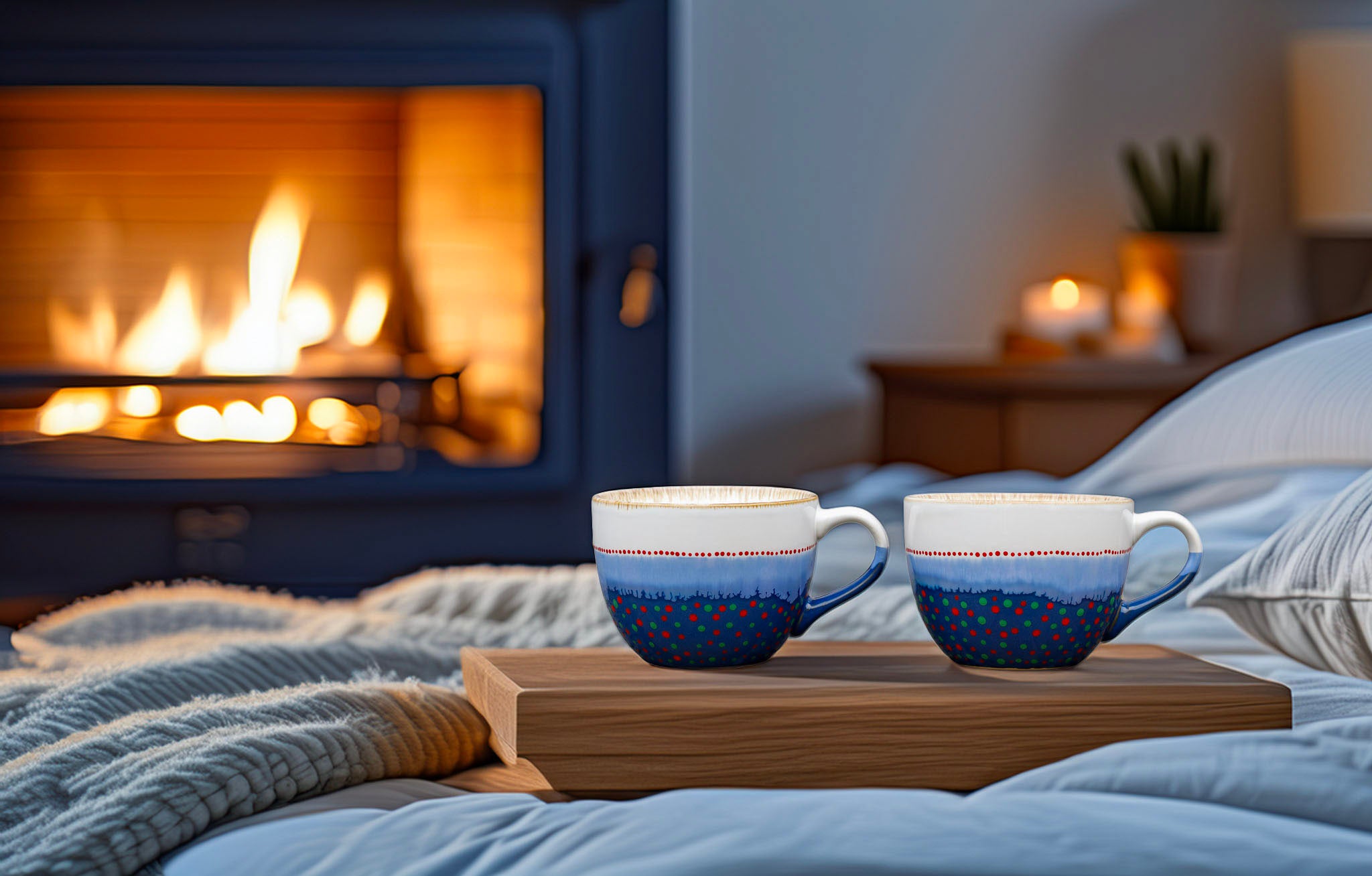 Hand painted ceramic Cappuccino mug. White, blue, red, orange, green.